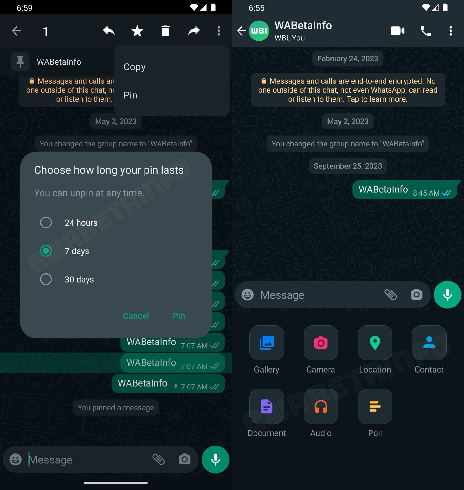 Die Funktion "Angeheftete Nachrichten" (links) und das neugestaltete Chat-Anhangsmenü (rechts) könnten in kommenden WhatsApp-Versionen verfügbar sein.