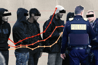 Bundespolizisten kontrollieren eine Gruppe unerlaubt nach Deutschland eingereister Syrer. Auf dem Bild zeigt eine Grafik die Entwicklung unerlaubter Einreisen in den vergangenen Jahren.