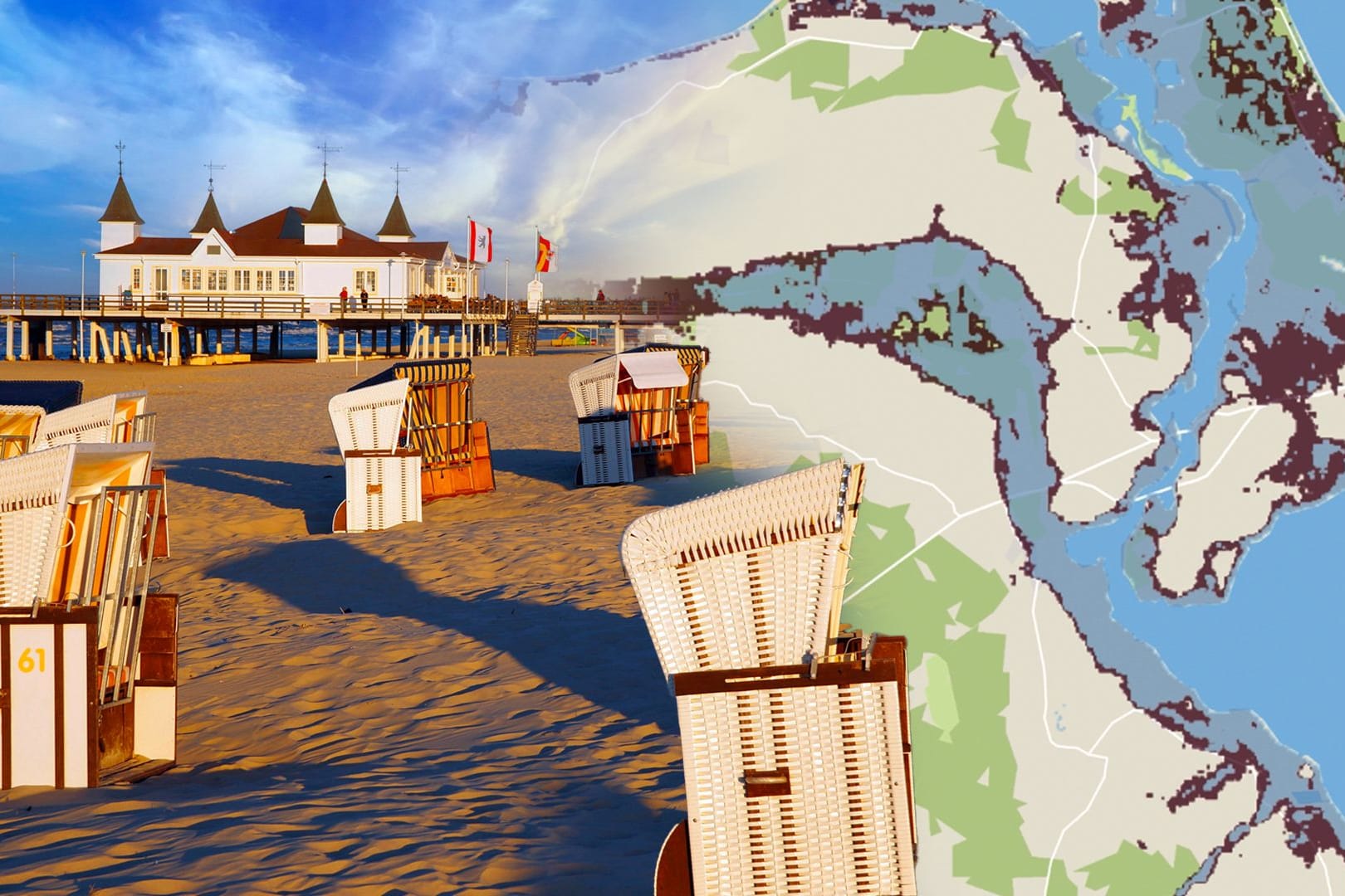 Strandkoerbe vor der historischen Seebruecke in Ahlbeck in der Abendsonne, Deutschland, Mecklenburg-Vorpommern, Usedom, Ahlbeck Beach chairs in front of the historic pier in Ahlbeck in the evening light, Germany, Mecklenburg-Western Pomerania, Usedom, Ahlbeck BLWS679458 *** Strandkoerbe before the Historical Seebruary corner in Ahlbeck in the evening sun, Germany, Mecklenburg Western Pomerania, usedom, Ahlbeck Beach Chairs in Front of The Historic Pier in Ahlbeck in The evening light, Germany, Mecklenburg W