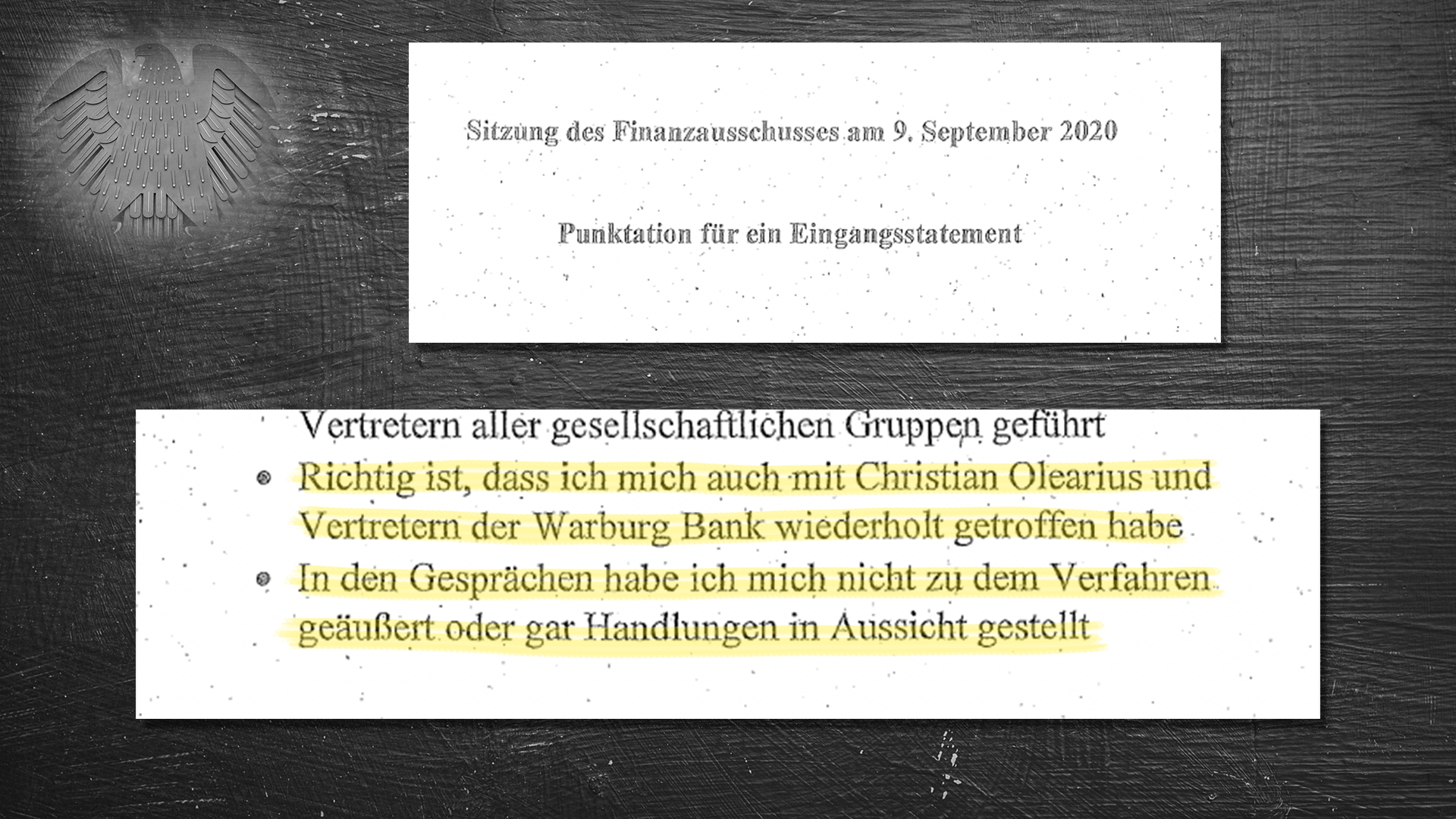 Sitzungsvorbereitung Finanzausschuss. Darin steht, dass Olaf Scholz sich gegenüber Christian Olearius "nicht zum Verfahren geäußert" habe.