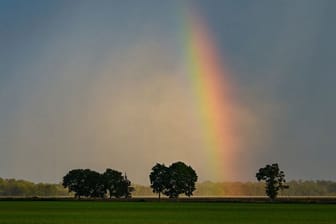 Ein doppelter Regenbogen spannt sich vor dunklen Gewitterwolken (Symbolbild): Im bundesweiten Vergleich liegt NRW im Glücksatlas auf Platz fünf.