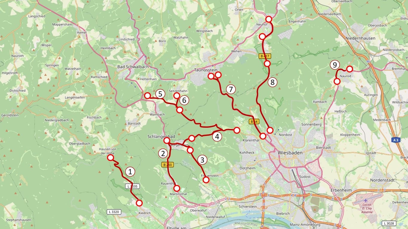 Übersicht mit den Straßensperrungen im Rheingau-Taunus-Kreis.