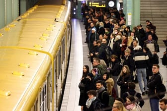 A platform at Berlin Alexanderplatz U Bahn is busy with passengers during a strike by Germany's GDL
