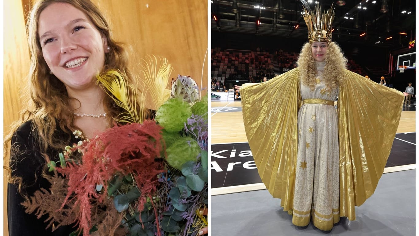 Das neue Christkind Nelli Lunkenheimer (links) und ihre Vorgängerin (rechts): Lunkenheimer probiert am Donnerstag ihr Kostüm an, es wird speziell von der Schneiderei des Staatstheaters angefertigt.