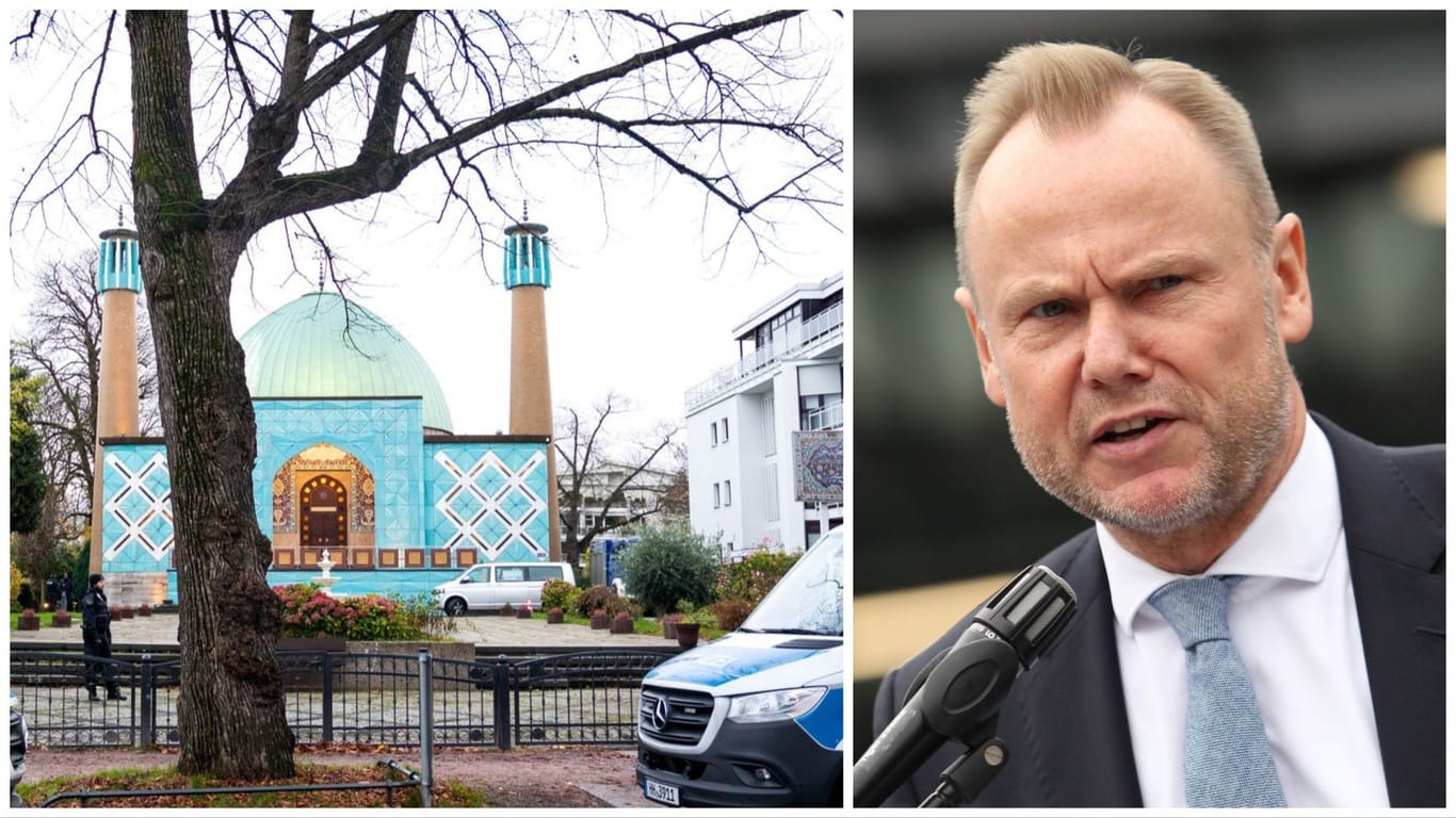 Einsatzkräfte vor der Blauen Moschee in Hamburg: Innensenator Andy Grote lobt die bundesweiten Razzien gegen das IZH.