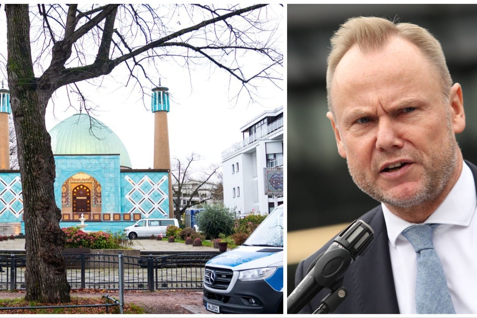 Einsatzkräfte vor der Blauen Moschee in Hamburg: Innensenator Andy Grote lobt die bundesweiten Razzien gegen das IZH.