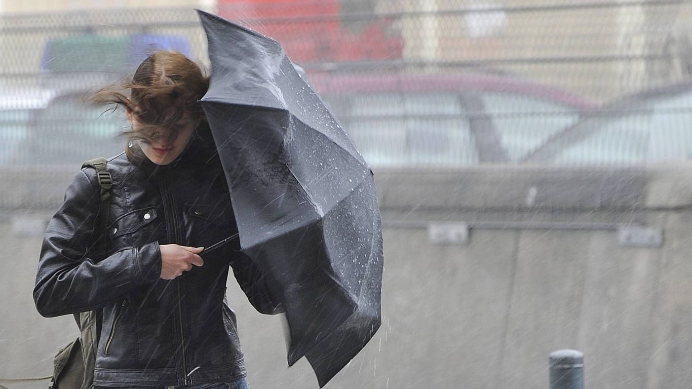 Junge Frau mit Regenschirm (Symbolbild): Für Dresden ist eine amtliche Wetterwarnung der Stufe 1 herausgegeben worden.