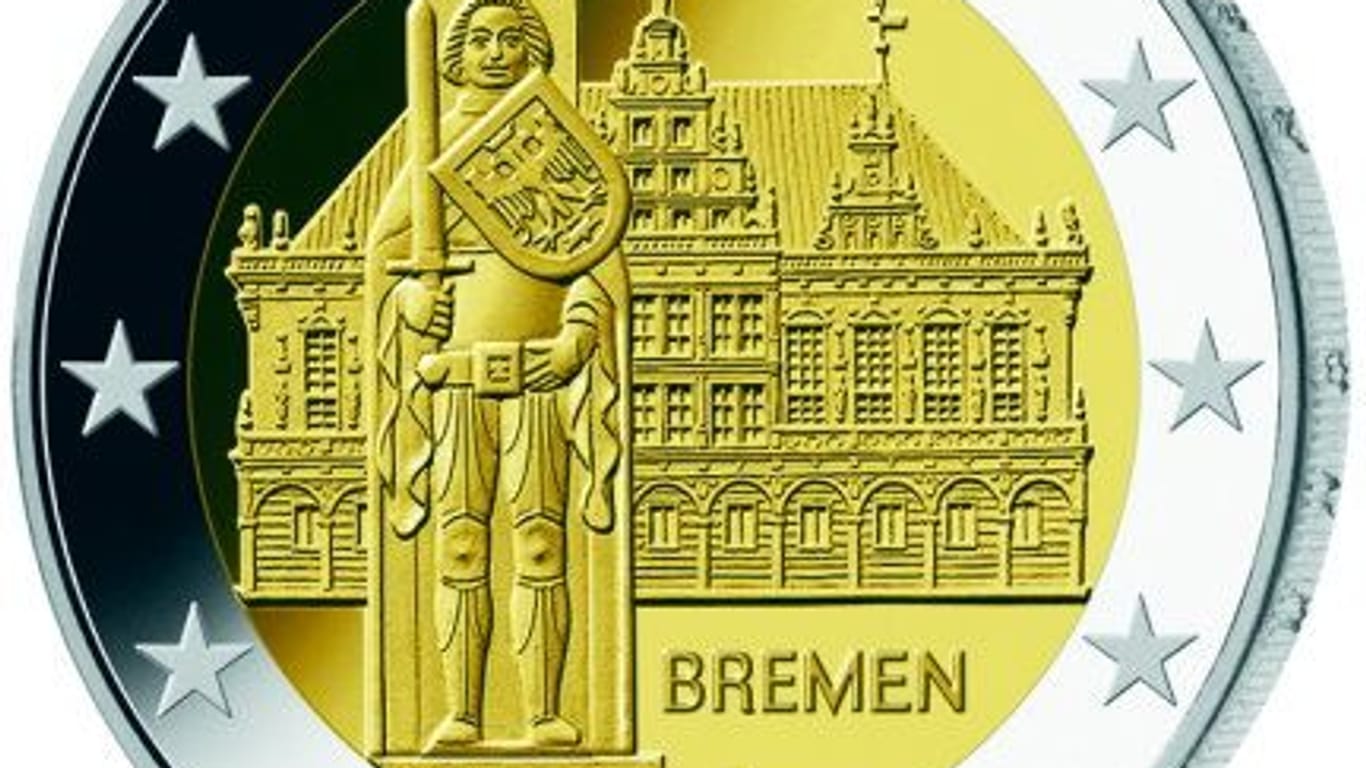 Abbildung der 2-Euro-Münze aus Bremen: Das Geldstück zeigt den Roland sowie das Rathaus und wurde 2010 in den Umlauf gebracht.