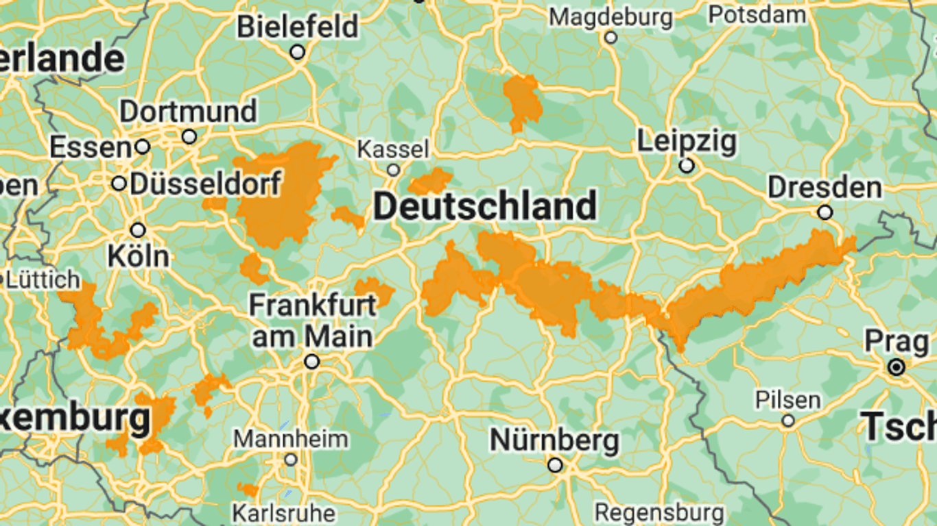 Sturmböen-Gefahr in der Mitte Deutschlands: Vom Westen bis Osten ist das orange-markierte Gebiet betroffen.