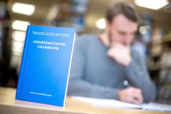 Ein Lehrbuch für die Niederdeutsche Grammatik steht in der Bibliothek der Carl von Ossietzky Universität in Oldenburg, im Hintergrund lernt der Student André Graën.