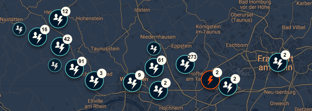 Im Westen Hessen kam es am Montagabend zu zahlreichen Stromausfällen. Diese Karte zeigt, wo Fälle gemeldet wurden.