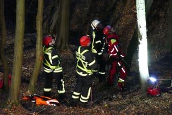 Einsatzkräfte der Feuerwehr in Windeck: Ein Gleitschirmflieger hatte sich am Freitag in einem Baum verfangen und musste gerettet werden.
