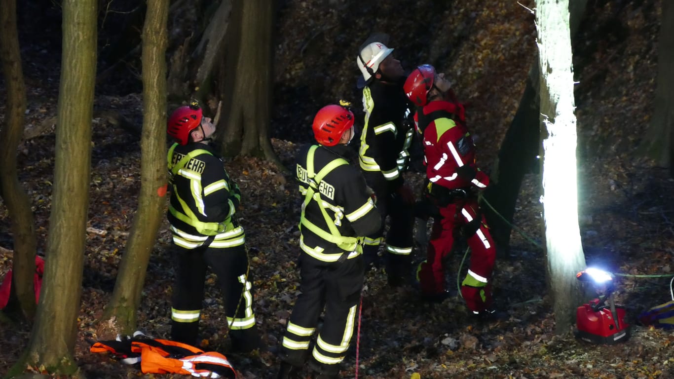 Einsatzkräfte der Feuerwehr in Windeck: Ein Gleitschirmflieger hatte sich am Freitag in einem Baum verfangen und musste gerettet werden.