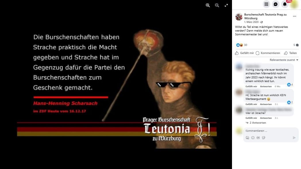 "Teil eines mächtigen Netzwerks": Die Burschenschaft warb mit einem Zitat, dass es in Österreich eine Art Absprache zwischen FPÖ-Parteiführung und Burschen gibt.