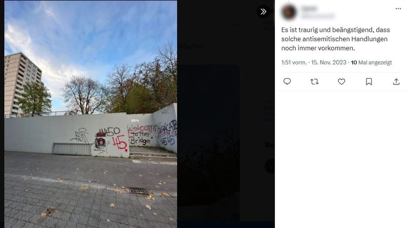 Davidstern in einem Ofen: Bilder solcher Graffiti (hier: links neben der 45) werden von Fake-Accounts verbreitet. Auf anderen Fotos ist das Motiv gut erkennbar.