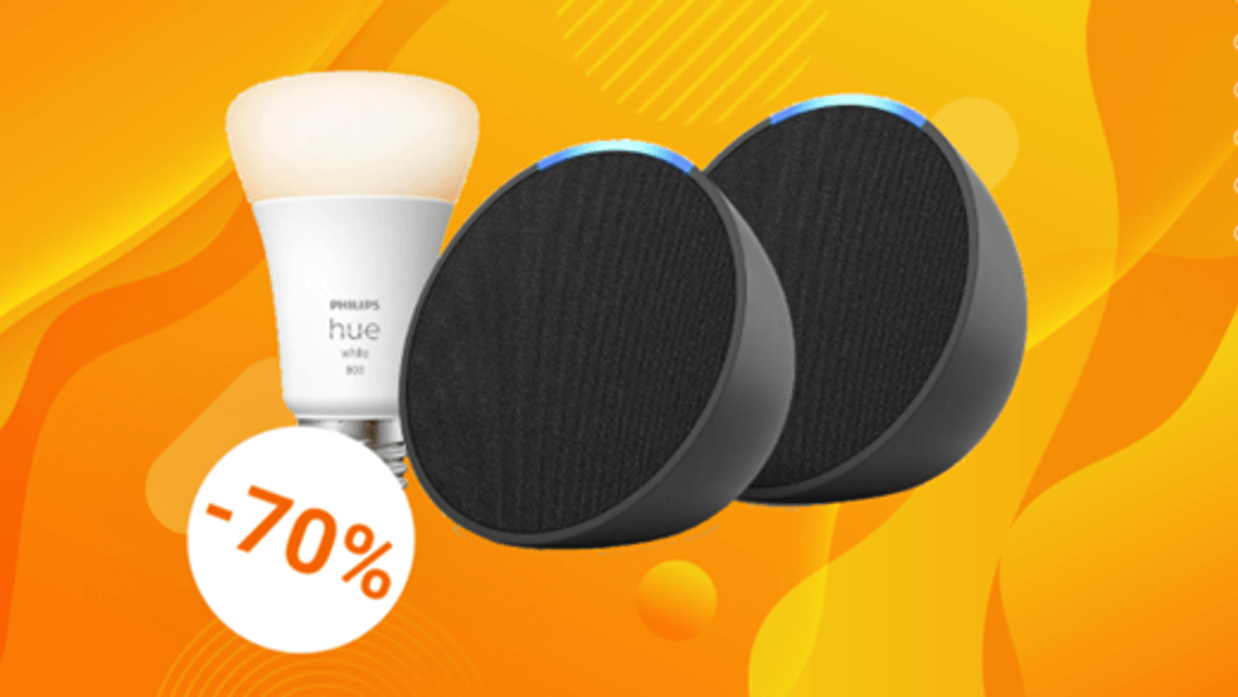 Bei Amazon ergattern Sie aktuell ein Einsteiger-Set bestehend aus zwei Echo-Pops und einer Philips Hue White Smart Bulb (E27) zum Top-Preis.