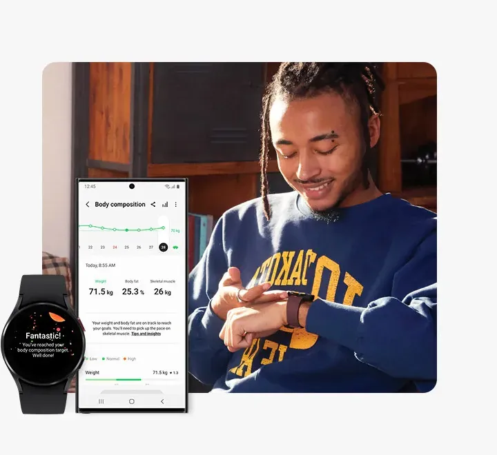 Legen Sie zwei Finger auf Ihre Galaxy Watch und erhalten Sie Angaben zu BMI, Körperwasseranteil und mehr. Legen Sie zwei Finger auf Ihre Galaxy Watch und erhalten Sie Angaben zu BMI, Körperwasseranteil und mehr.