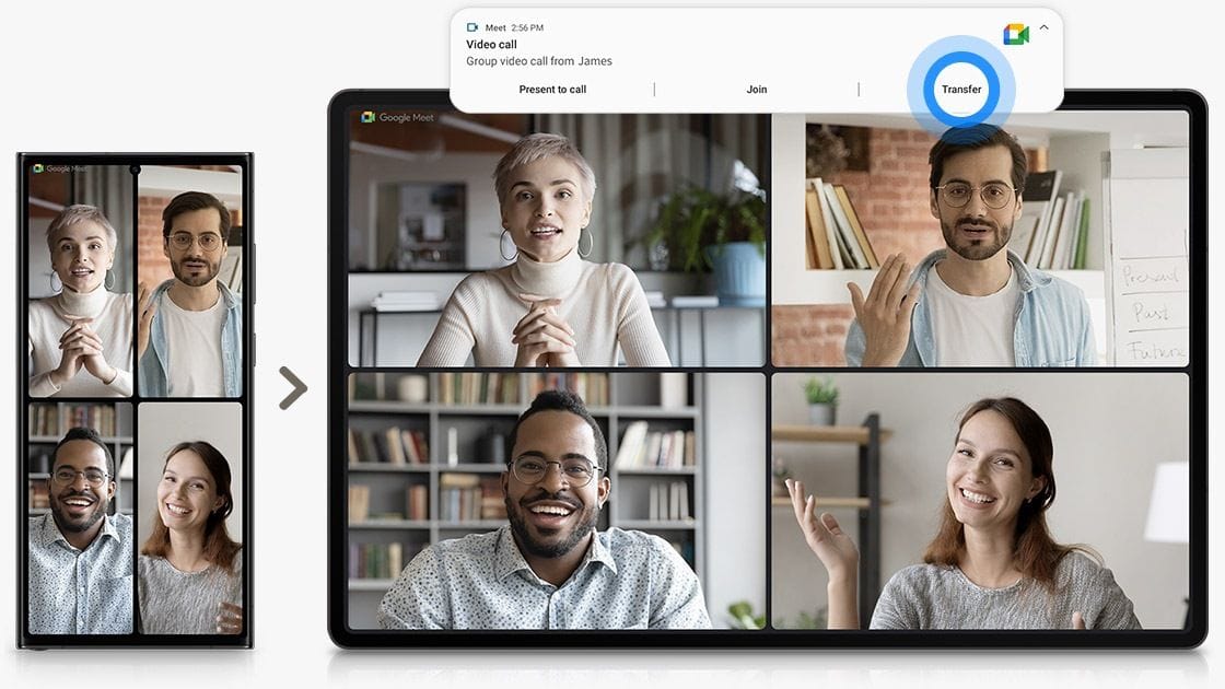 Calls mit Google Meet können ohne Unterbrechung auf dem Galaxy Smartphone begonnen und auf einem Galaxy Tablet weitergeführt werden. Calls mit Google Meet können ohne Unterbrechung auf dem Galaxy Smartphone begonnen und auf einem Galaxy Tablet weitergeführt werden.