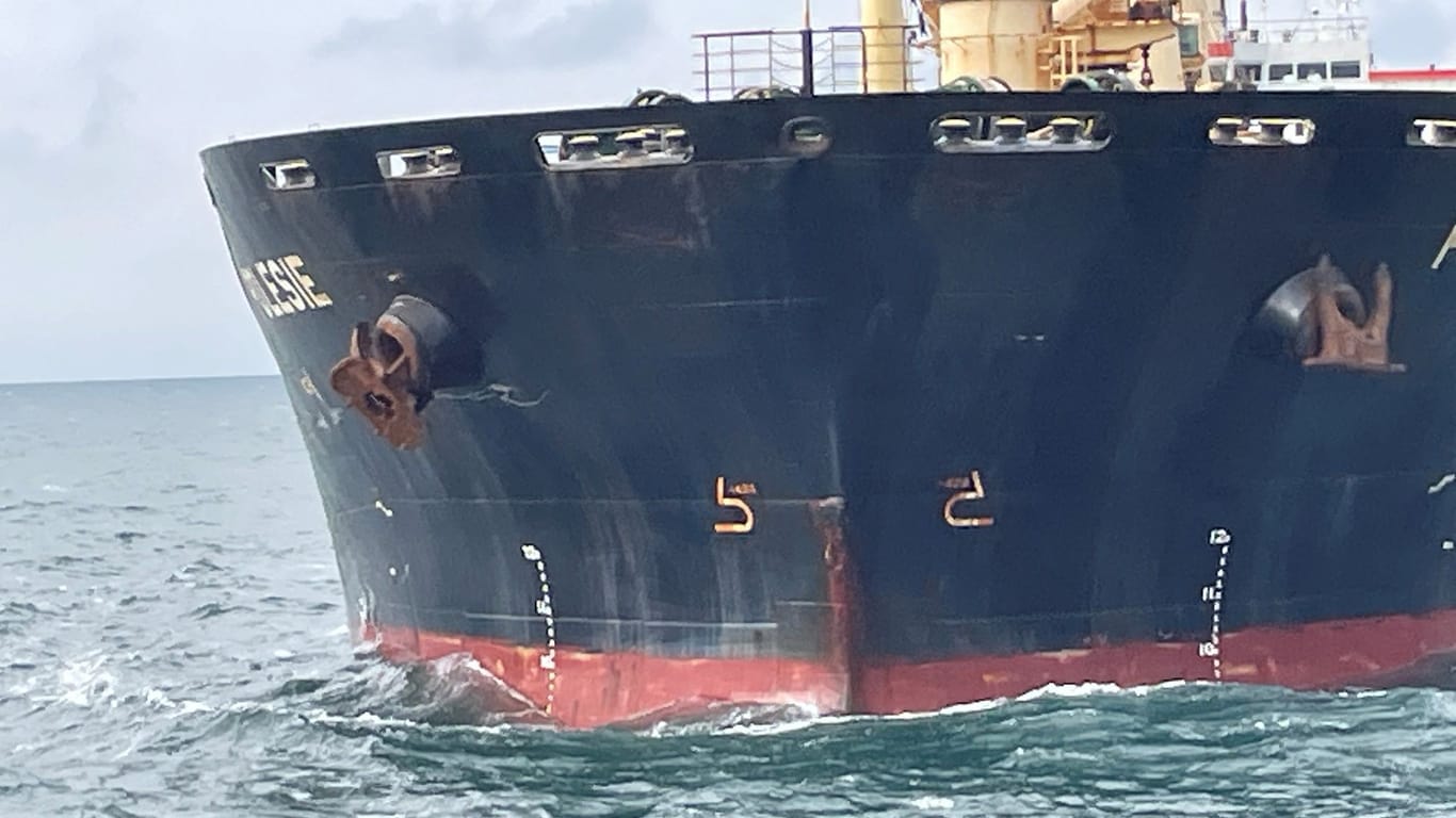 Bahamas-flagged freighter Polesie is pictured following its collision with British-flagged vessel Verity in the German North Sea Bight, as Germany's Central Command for Maritime Emergencies said on Tuesday, in this handout photo obtained by Reuters from German Maritime Search and Rescue Service DGzRS (Deutsche Gesellschaft zur Rettung Schiffbruechiger) October 24, 2023.