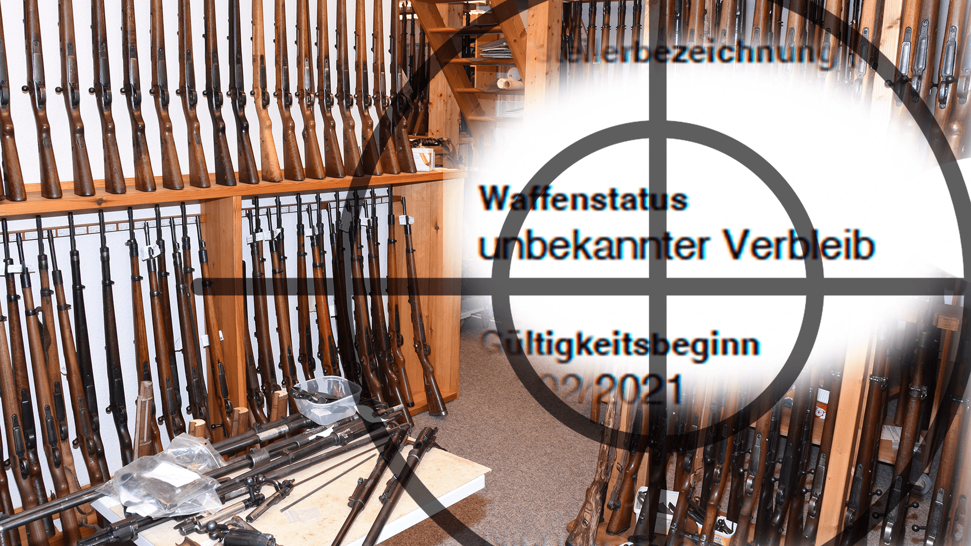 Waffenkammer des Sammlers Peter Frank, darüber der Schriftzug "unbekannter Verbleib" und ein Fadenkreuz