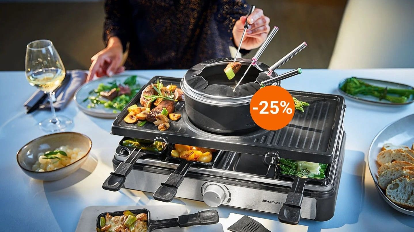 Lidl-Angebot: Der Discounter bietet eine Raclettegrill-Fondue-Kombination von Silvercrest für weniger als 50 Euro an.