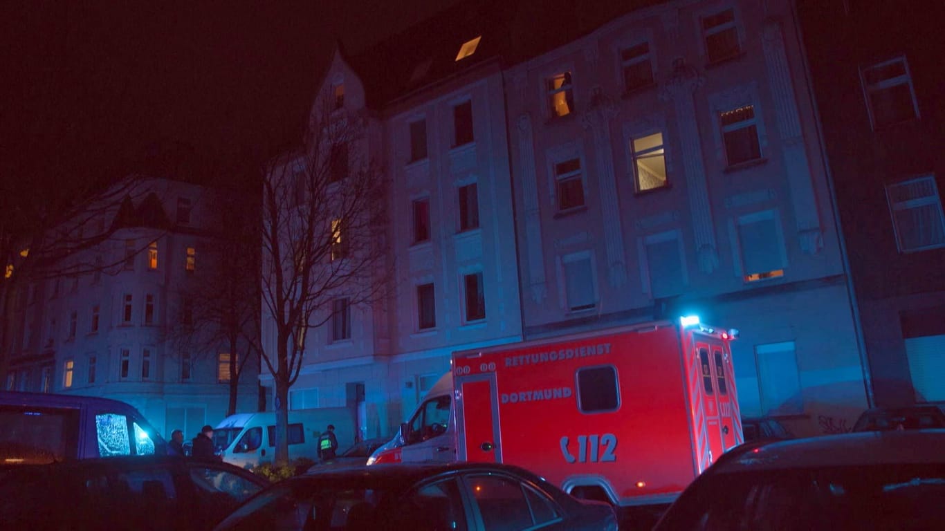 Der Krankenwagen vor einem Mehrfamilienhaus in der Brunnenstraße: Eine 40-jährige Frau ist am Sonntagabend ihren Verletzungen erlegen.