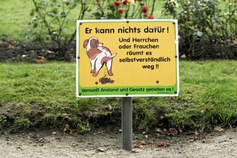 Büsum: Ein Hinweisschild für Hundebesitzer steht an einer Parkanlage.