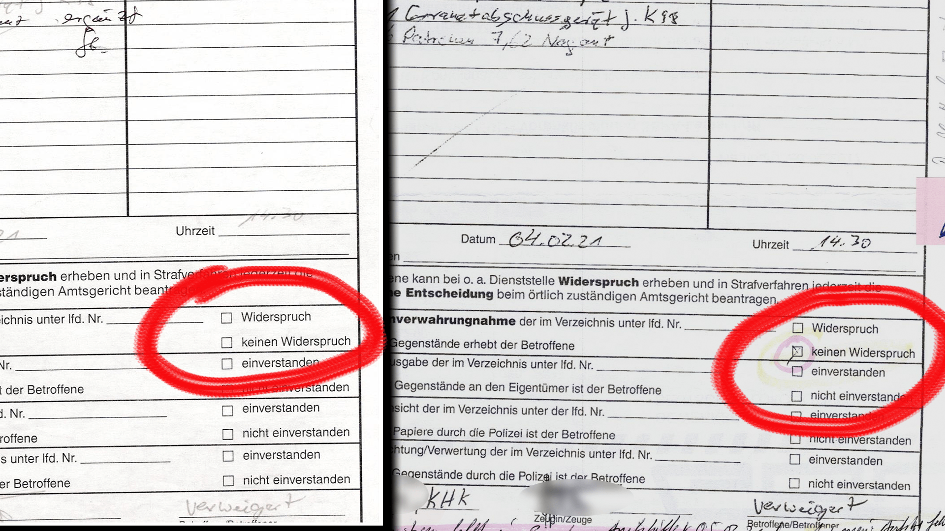 Links das Mitabnahmeprotokoll, das Peter Frank übergeben wurde. Rechts das Dokument in der Akte. Das Kreuz bei "keinen Widerspruch" muss nachträglich gesetzt worden sein. (Markierung durch die Redaktion)