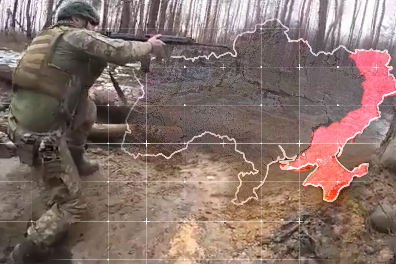 Ein ukrainischer Soldat kämpft nahe der Stadt Awdijiwka in einem Waldstück. Über das Bild ist eine Grafik des Frontverlaufs in der Ukraine gelegt.