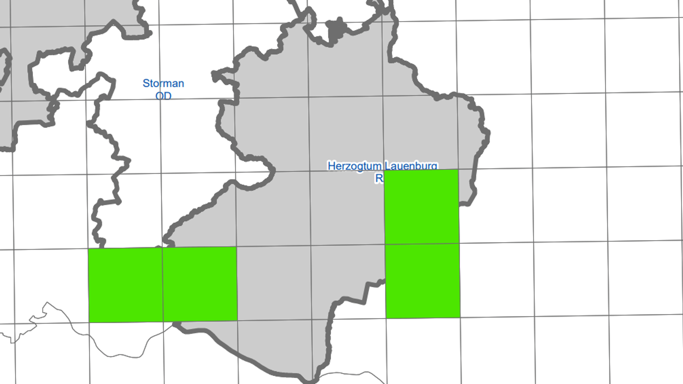 Wölfe in Schleswig-Holstein 2023/2024 (Screenshot): Im Herzogtum Lauenburg ist ein territoriales Wolfspaar bekannt (grüne Markierung). In der Umgebung sind Wolfspräventionsgebiete ausgeschrieben (graue Markierung).