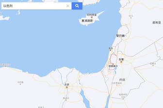 Israel und seine Nachbarländer auf einer Karte von Baidu: Die eingezeichneten Staatsgrenzen entsprechen nicht der Realität, sondern dem UN-Teilungsplan von 1947.