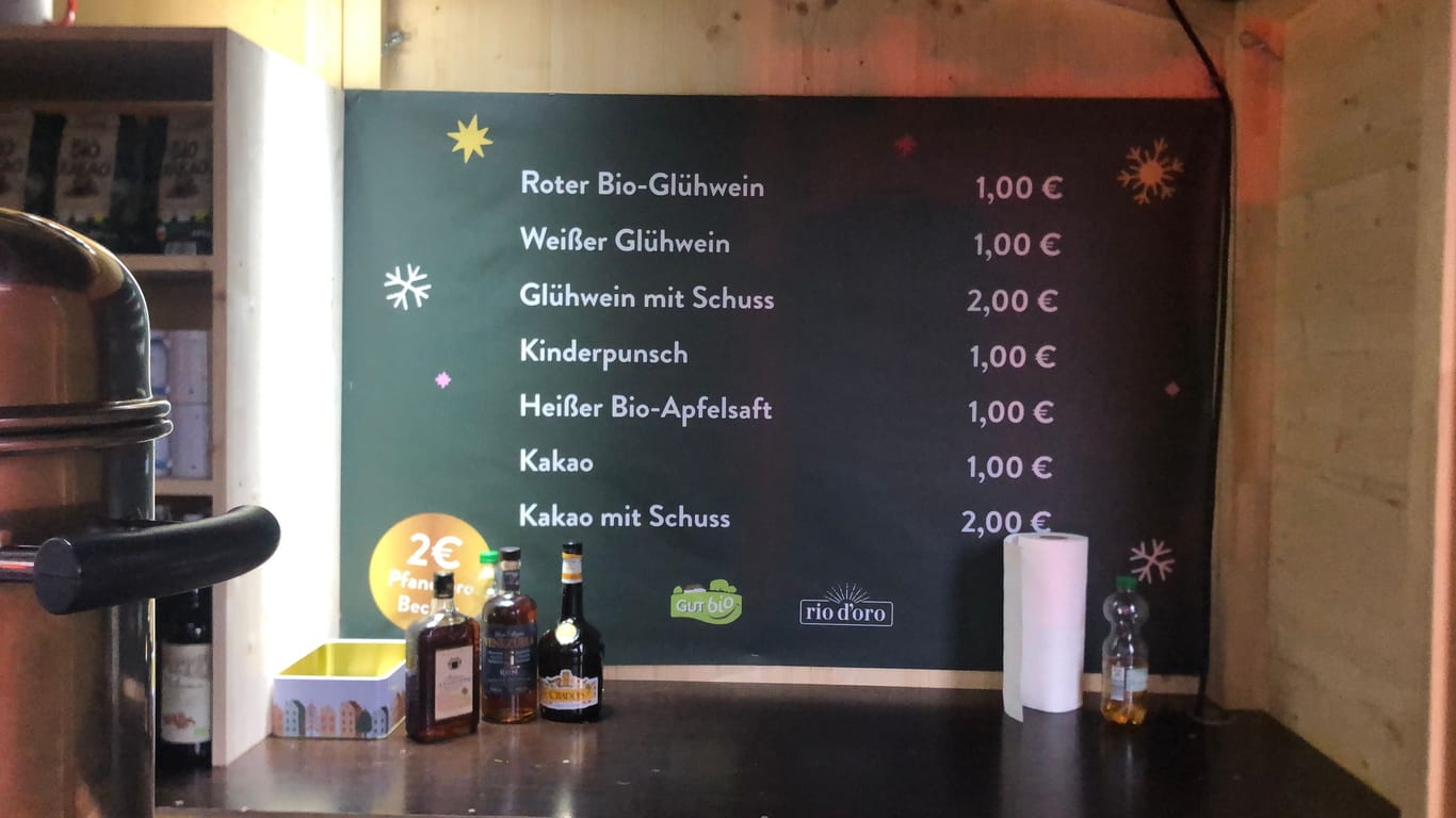 Preisschild der Heißgetränke: Der teuerste Glühwein kostet zwei Euro.