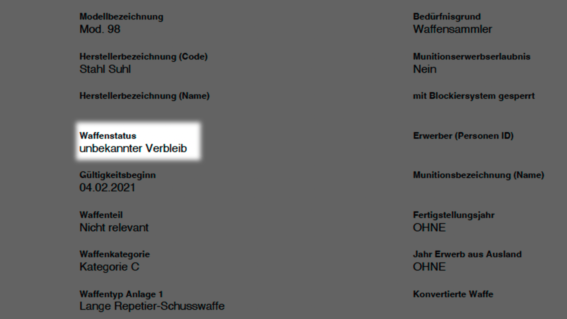 Auszug aus dem Nationalen Waffenregister (NWR): "unbekannter Verbleib"