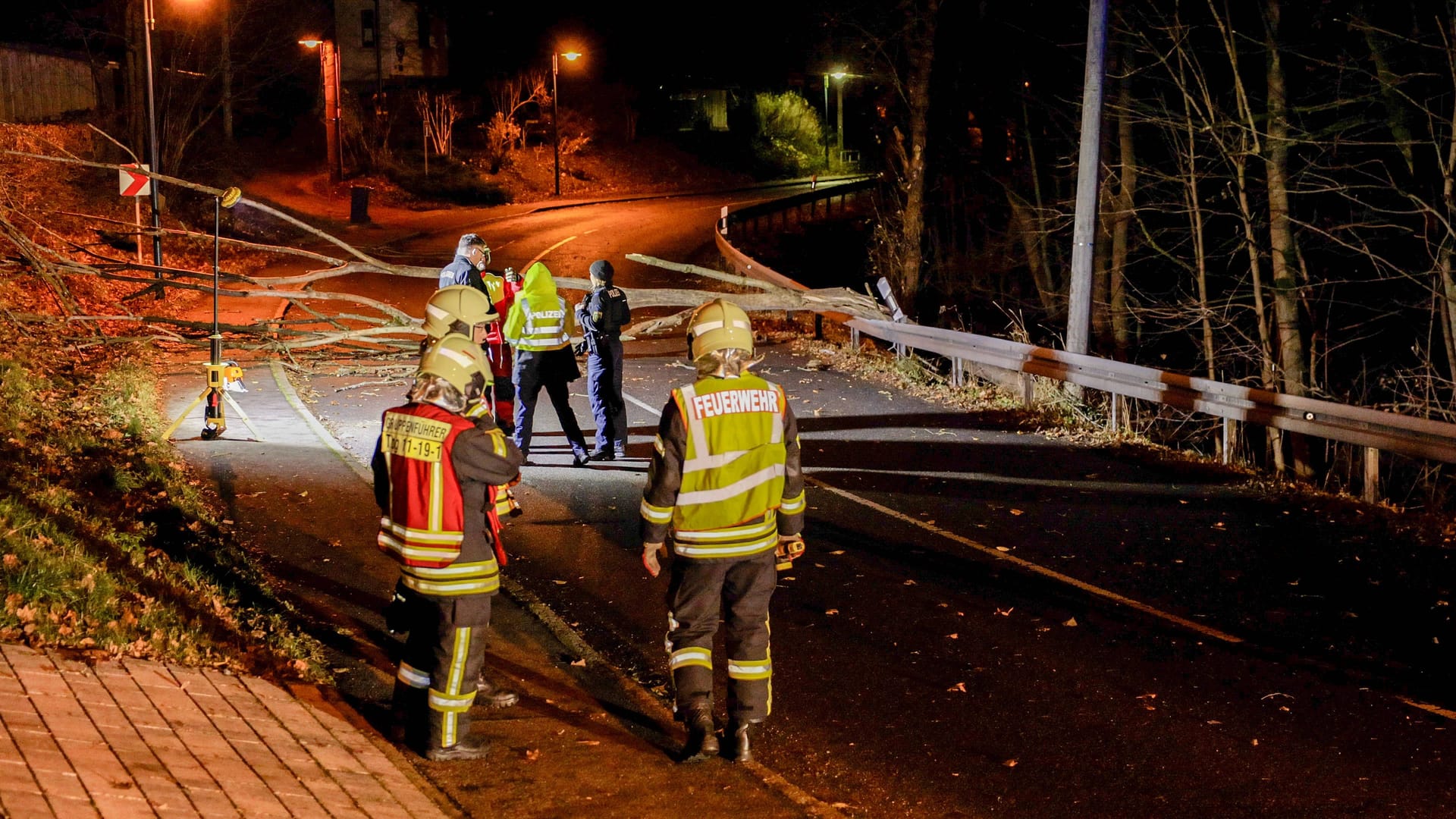 Umgeknickte Bäume versperren eine Straße (Archivbild): In Bayern gab es in der Nacht zu Samstag verhältnismäßig wenig Unwettereinsätze.