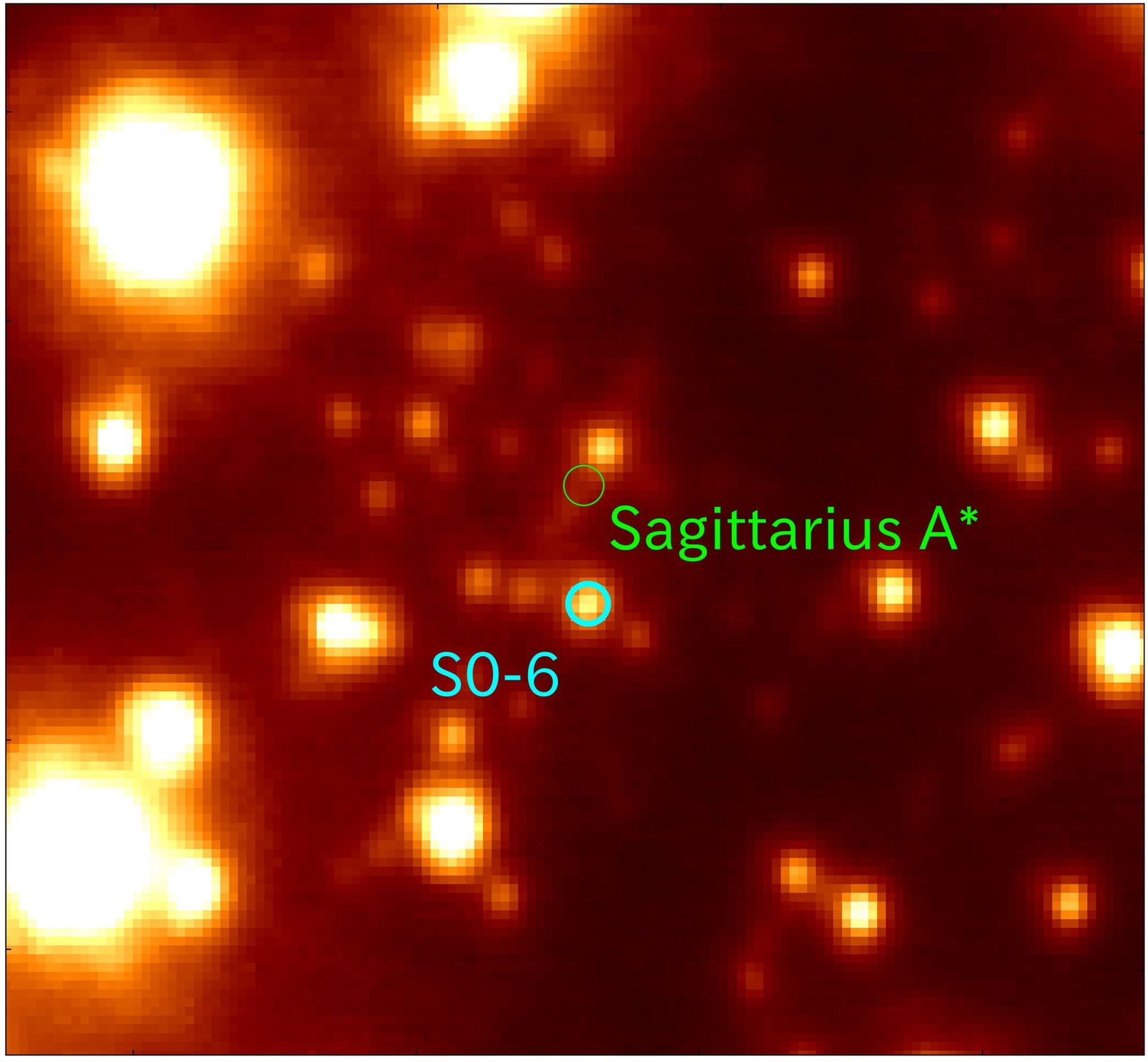 Eine Aufnahme des Subaru-Teleskops: Man sieht Sagittarius A* und S0-6 in dessen Nähe.