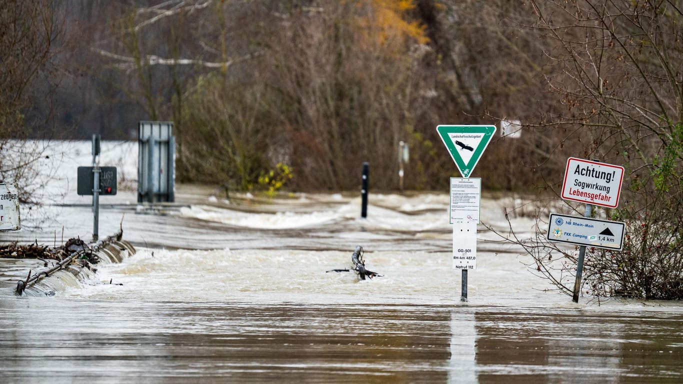 Bei Trebur im Kreis Groß-Gerau tritt das Wasser bereits über das Ufer und flutet Straßen und Wege.