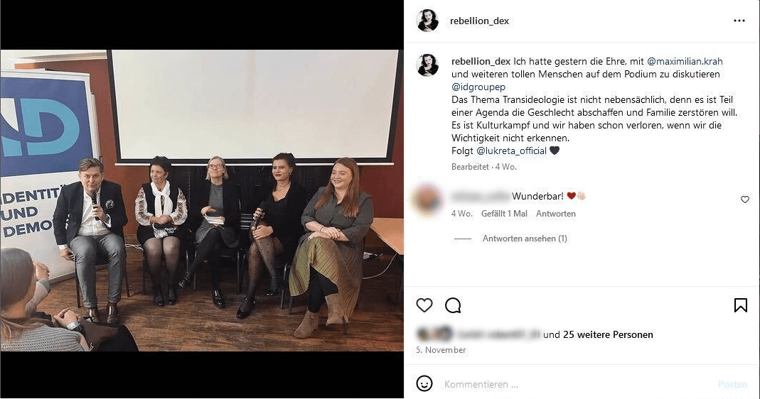 "Frauenkongress": ReBelle, auf Instagram rebellion_dex, postet ein Bild von sich (zweite von rechts) bei der Veranstaltung mit Maximilian Krah.