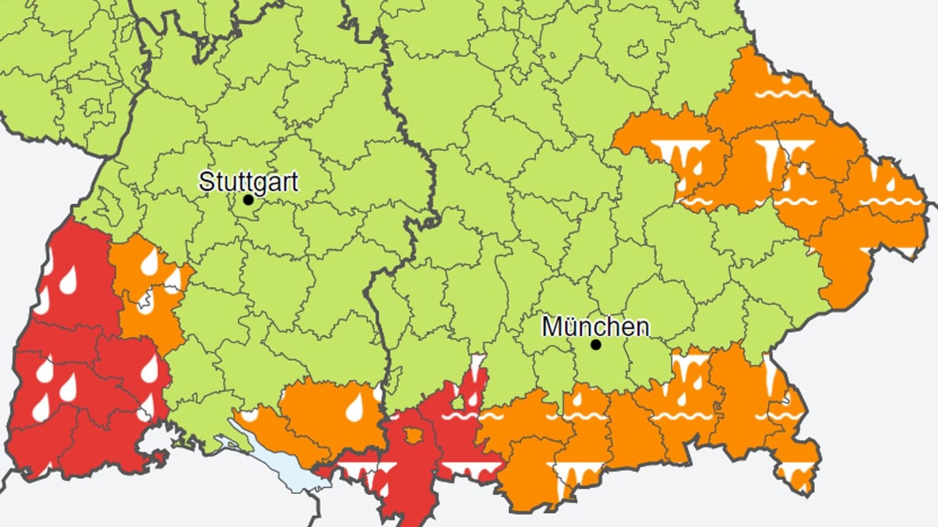 Warnstufen Rot und Orange in Bayern und Baden-Württemberg: Schneeschmelze und Regen treffen aufeinander.