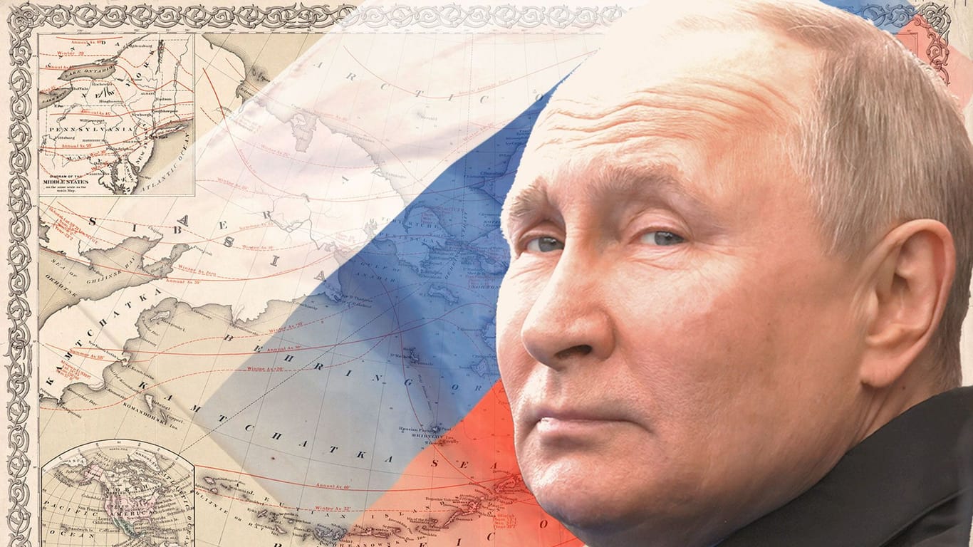 Karte, Flagge, Putin: Russlands Propaganda erhebt Ansprüche auf Alaska.