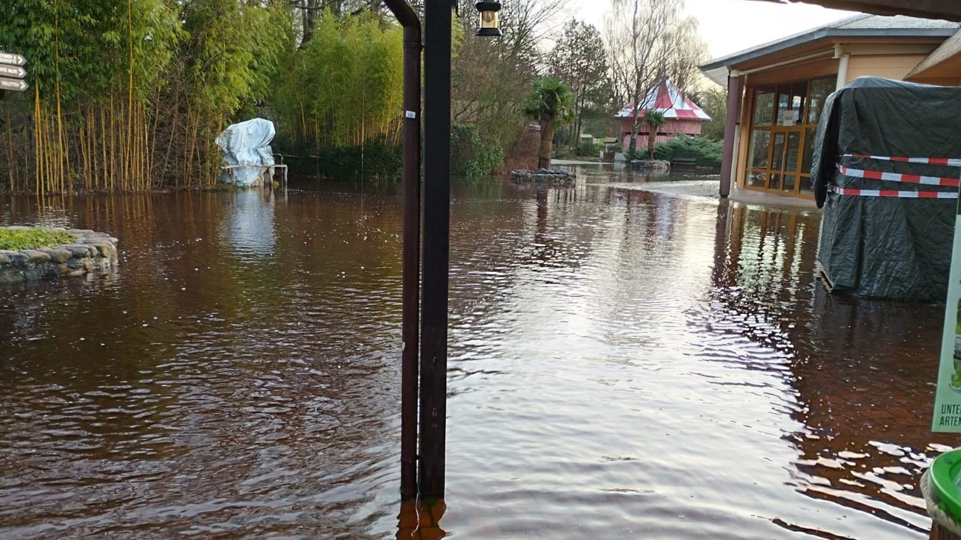 Große Teile des Serengeti-Parks Hodenhagen sind überflutet: Auch in die Stallungen der Tiere ist Wasser eingedrungen.