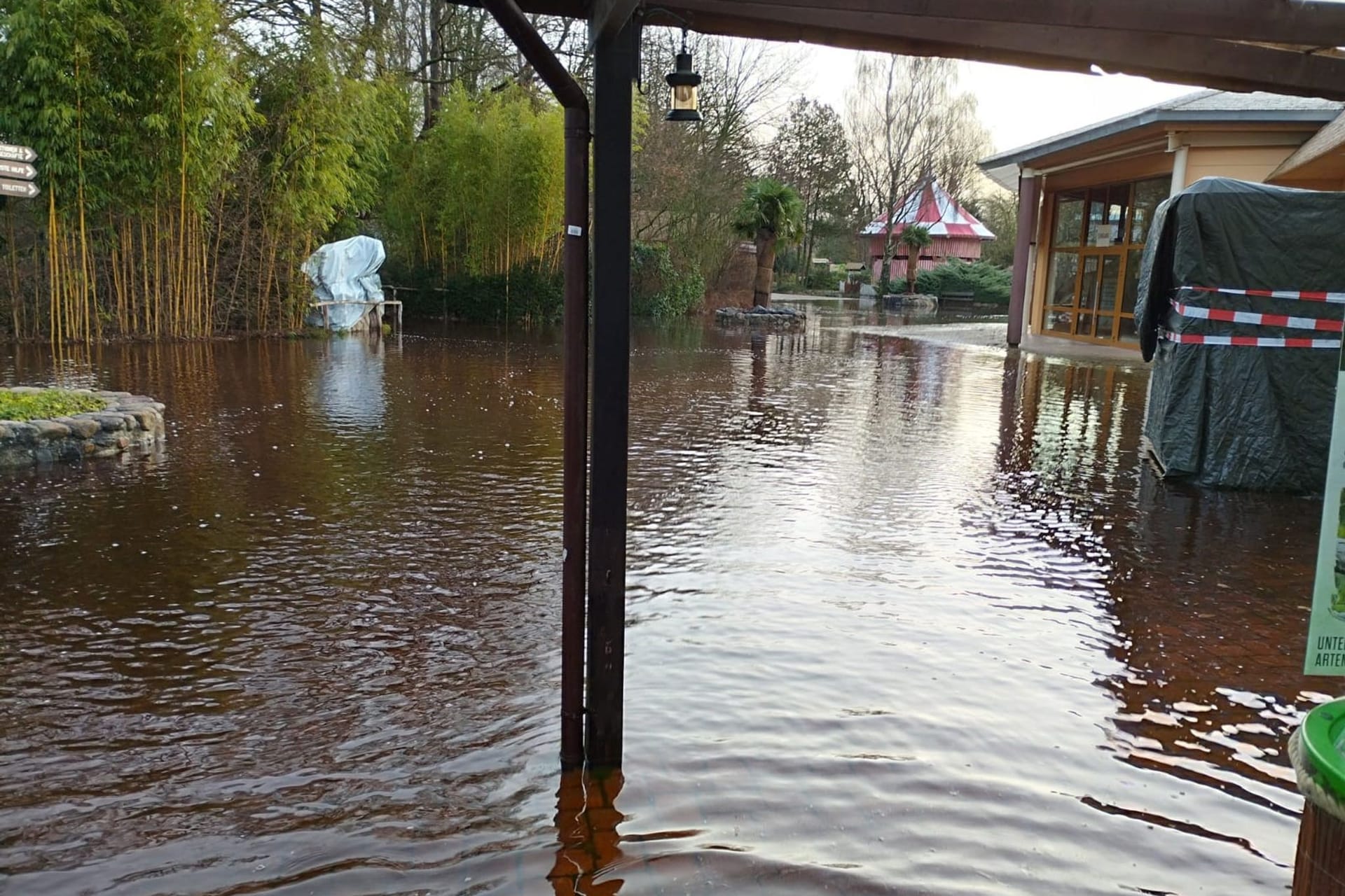 Große Teile des Serengeti-Parks Hodenhagen sind überflutet: Auch in die Stallungen der Tiere ist Wasser eingedrungen.