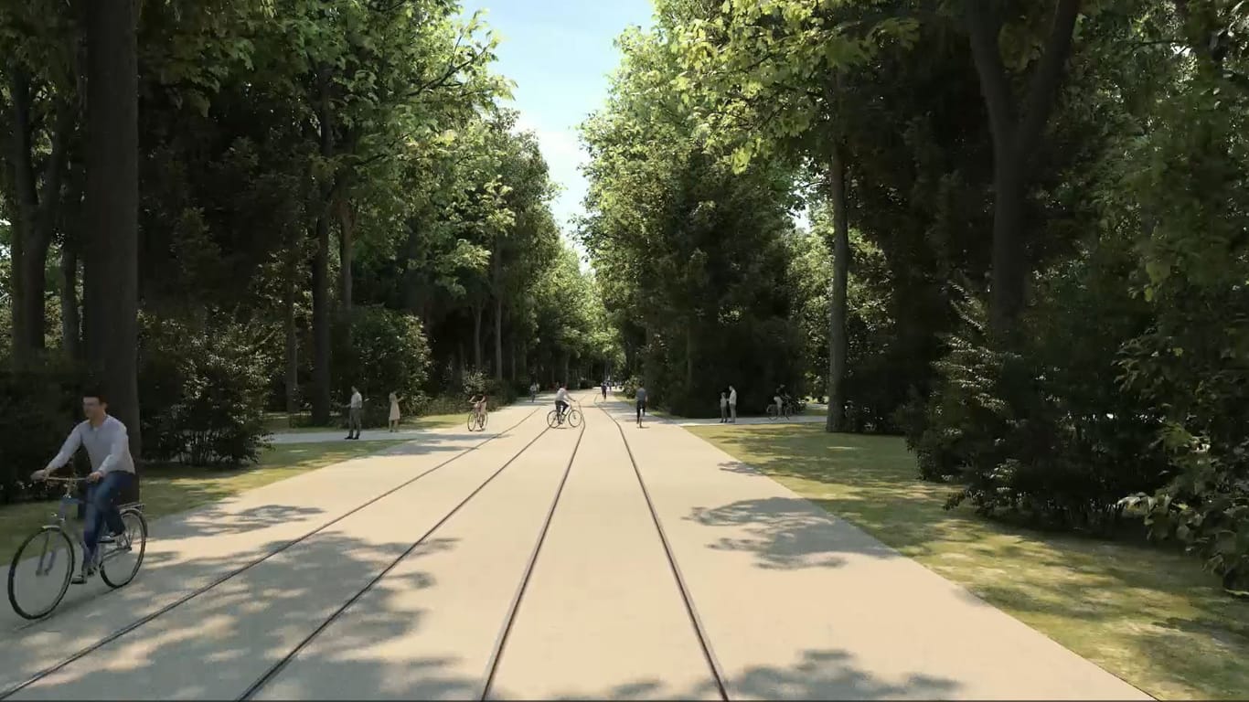 Die Animation des Münchner Verkehrs- und Tarifverbunds (MVV) zeigt die Querung der geplanten Tramlinie an der Leopoldstraße.