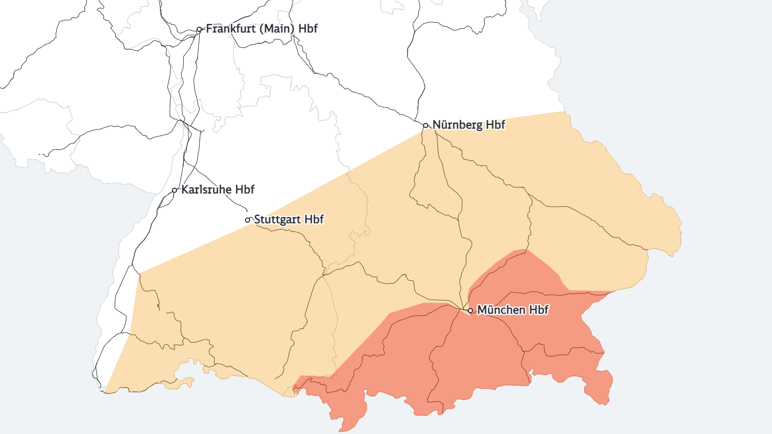 Das Störungsgebiet in Süddeutschland: Diese Karte verbreitete die Bahn am Mittwochmorgen.