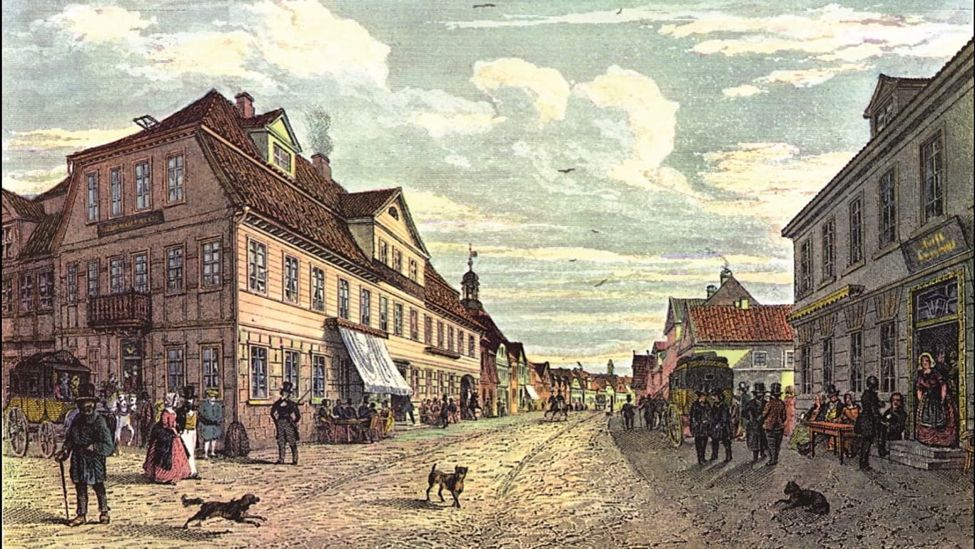 Eine Zeichnung zeigt den Gasthof „Zum Weißen Schwan“ im Jahr 1850 in der Harburger Schloßstraße.