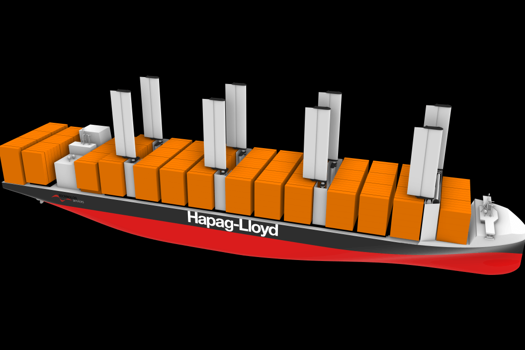 So könnte ein windunterstütztes Antriebsschiff von Hapag-Lloyd aussehen: Die Reedrei prüft derzeit die Option im Rahmen eines Forschungsprojekts.