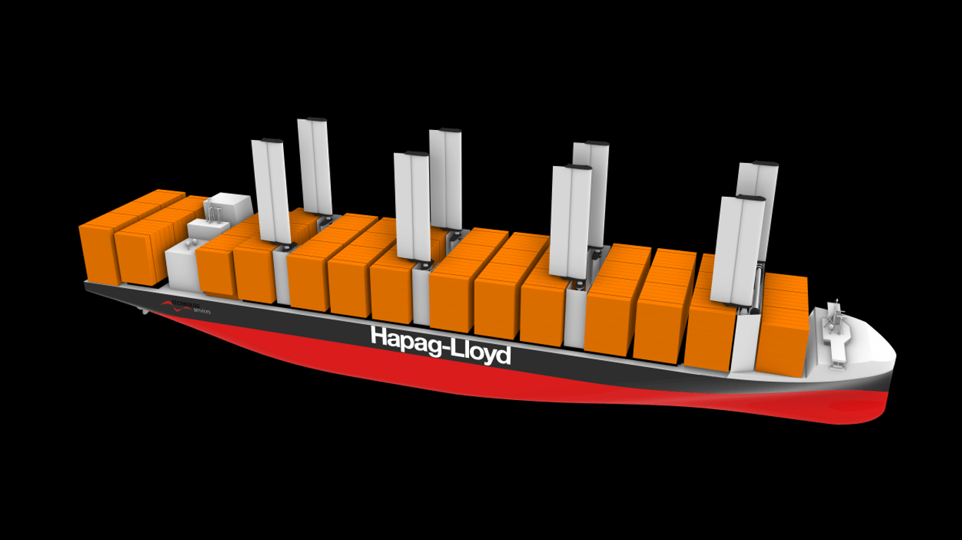 So könnte ein windunterstütztes Antriebsschiff von Hapag-Lloyd aussehen: Die Reedrei prüft derzeit die Option im Rahmen eines Forschungsprojekts.
