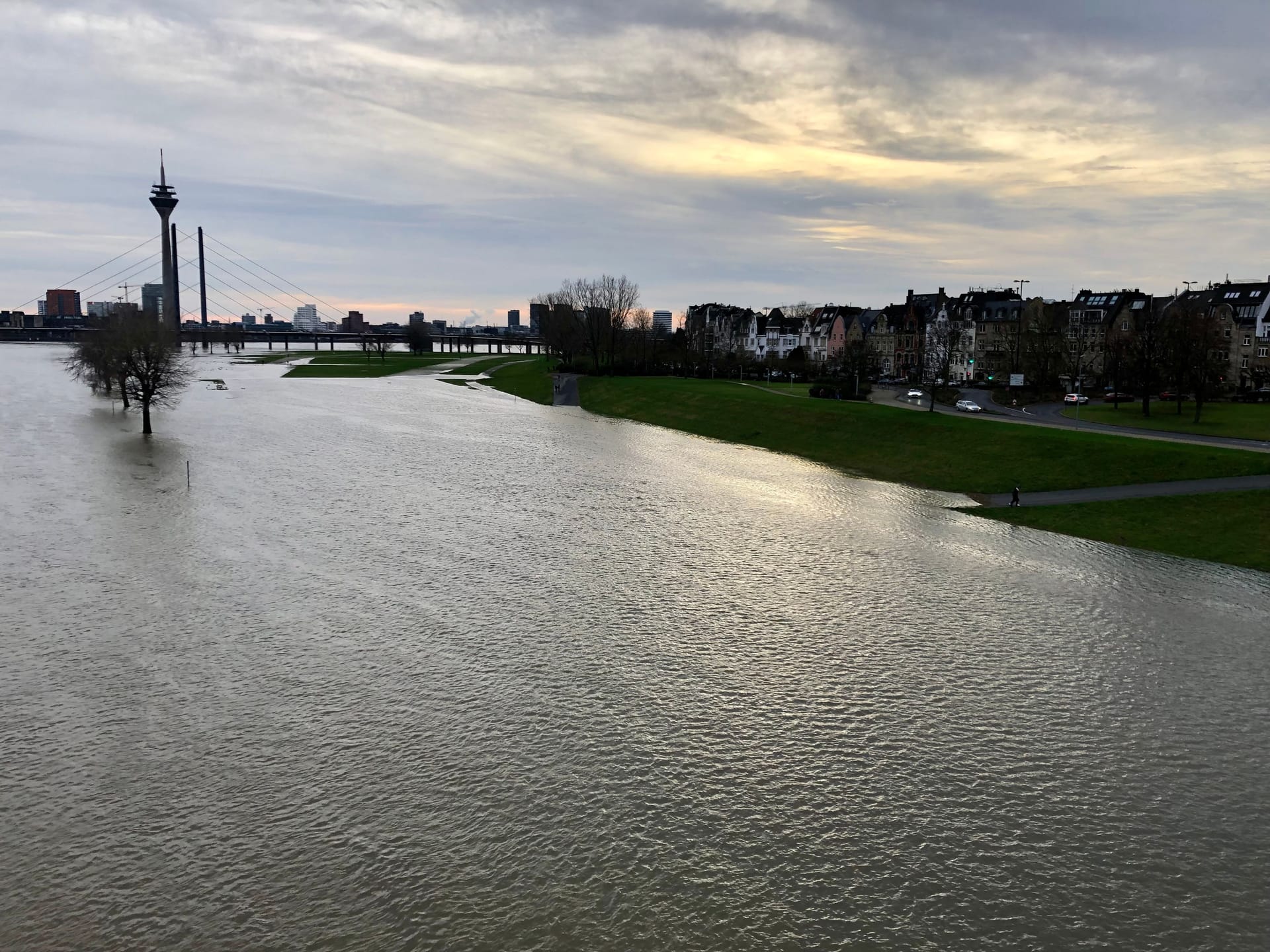 Wo im Sommer die Rheinkirmes in Oberkassel steht, hat sich der Rhein breitgemacht.