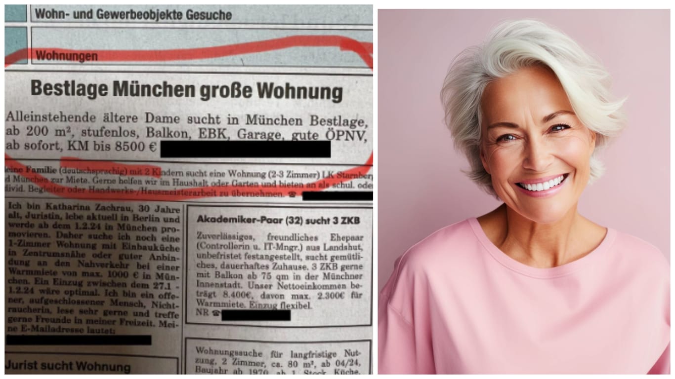 Eine ältere Frau sucht in München eine Wohnung (Screenshot / Symbolbild): Aus einem Grund wird über ihre Zeitungsannonce im Netz heiß diskutiert.