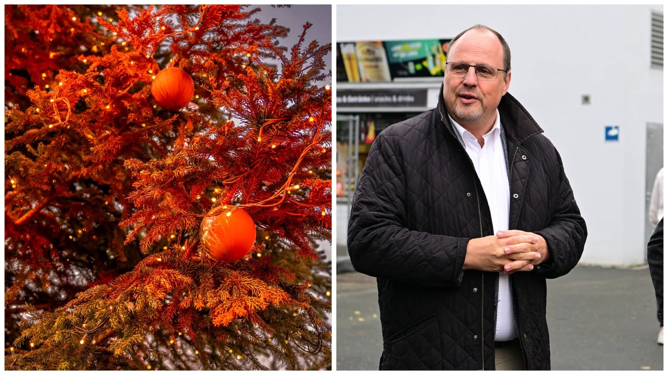 Der besprühte Weihnachtsbaum und Nürnbergs dritter Bürgermeister Christian Vogel (SPD): Vogel wirft der "Letzten Generation" vor, den Weg zum Christkindlesmarkt besudelt zu haben.