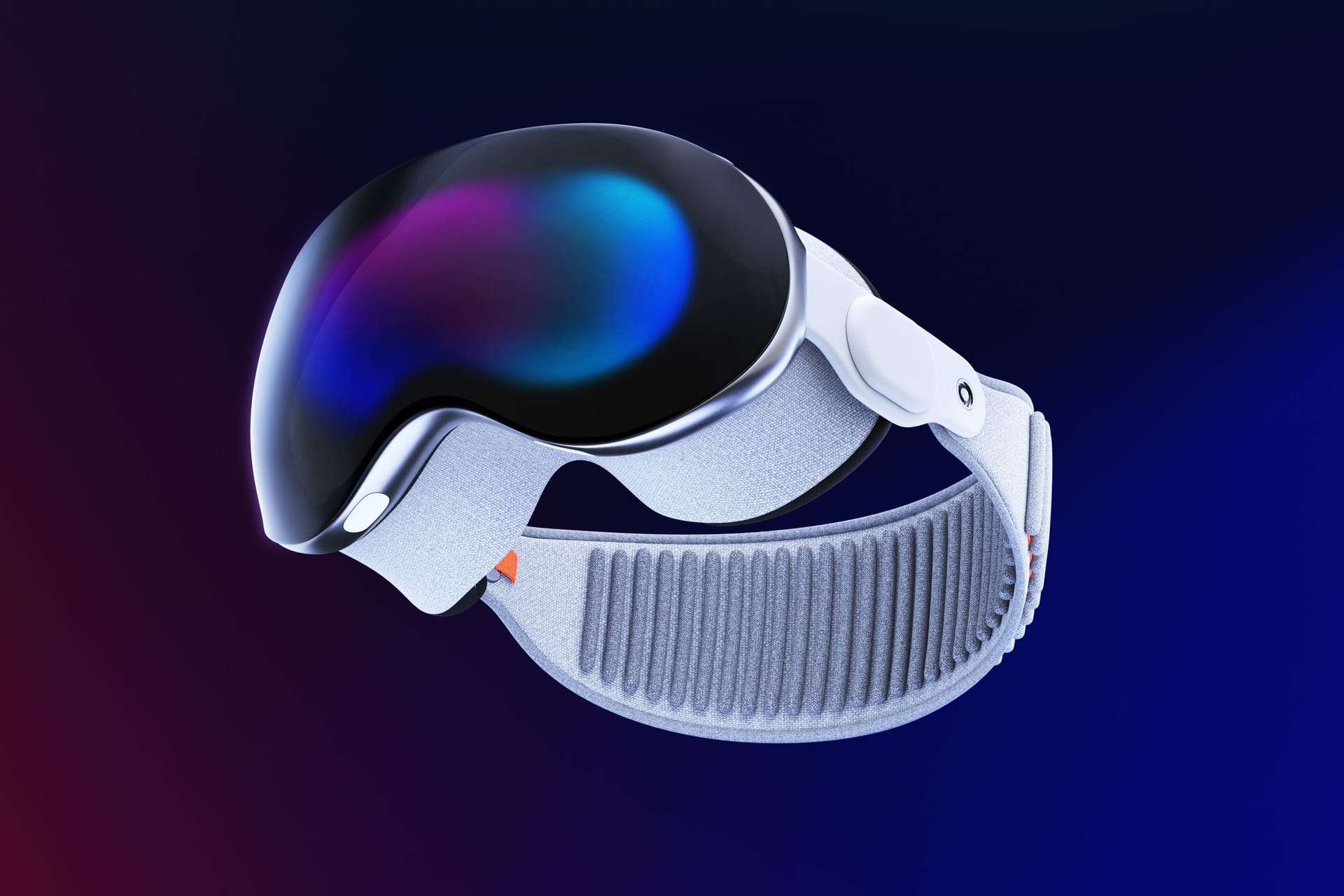 Valencia, Spain - June, 2023: Apple Vision Pro mixed reality device floating on a dark background in 3D render. The era of spatial computing that blends digital content with your physical space